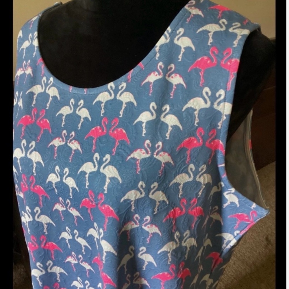 XL L Fun Blue Pink Flamingo Kitsch Stretch Shift Sun Dress Sleeveless